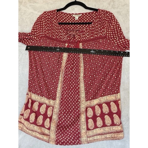 Lucky Brand Top Womens Small Red V-Neck Long Sleeve Boho Tunic Blouse Tassel - Picture 5 of 8